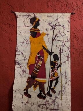 Vintage African Batik Wall Art - Mother and Child Maasai Tribal Scene